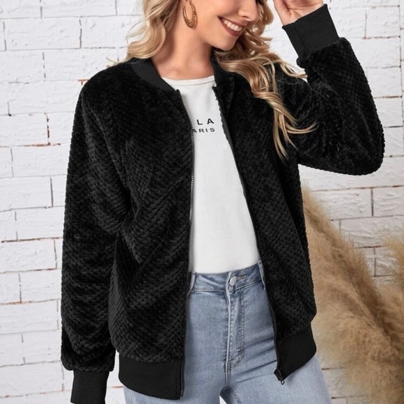 NEW Emery Rose soft full zip bomber jacket black women’s medium - Picture 1 of 8